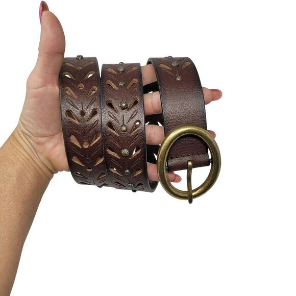 Vintage Chocolate Burnish Genuine Leather Western Belt Brass Cutouts Studded M - Picture 12 of 12